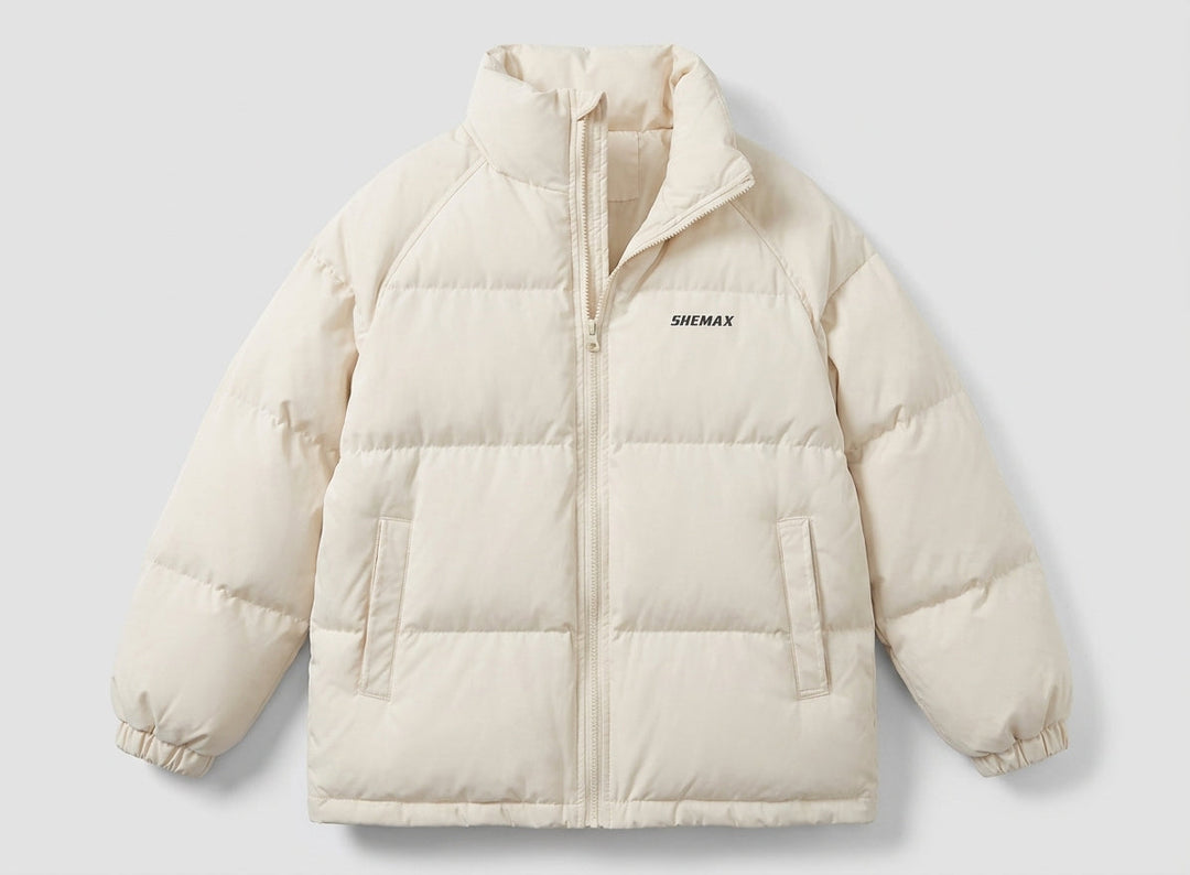 Damen ungefütterte boxy Pufferjacke mit hohem Stehkragen, Raglanärmeln und sauberem Logo