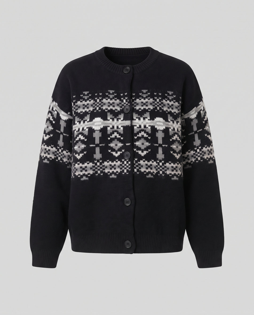 Damen Kurzer Norweger-Strickcardigan mit Knopfleiste und geripptem V-Ausschnitt Nord Taschen