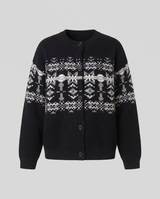 Damen Kurzer Norweger-Strickcardigan mit Knopfleiste und geripptem V-Ausschnitt Nord Taschen