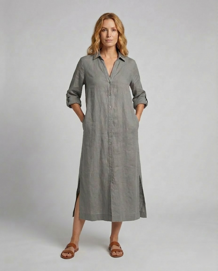Leinen Maxikleid Damen mit Knopfleiste