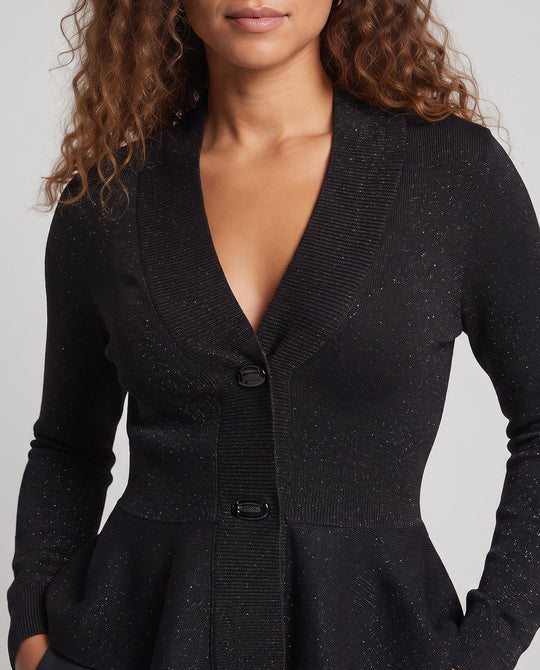 Damen Feiner Schalkragen-Cardigan mit taillierter Peplum-Silhouette und dezentem Glanz Nord Taschen