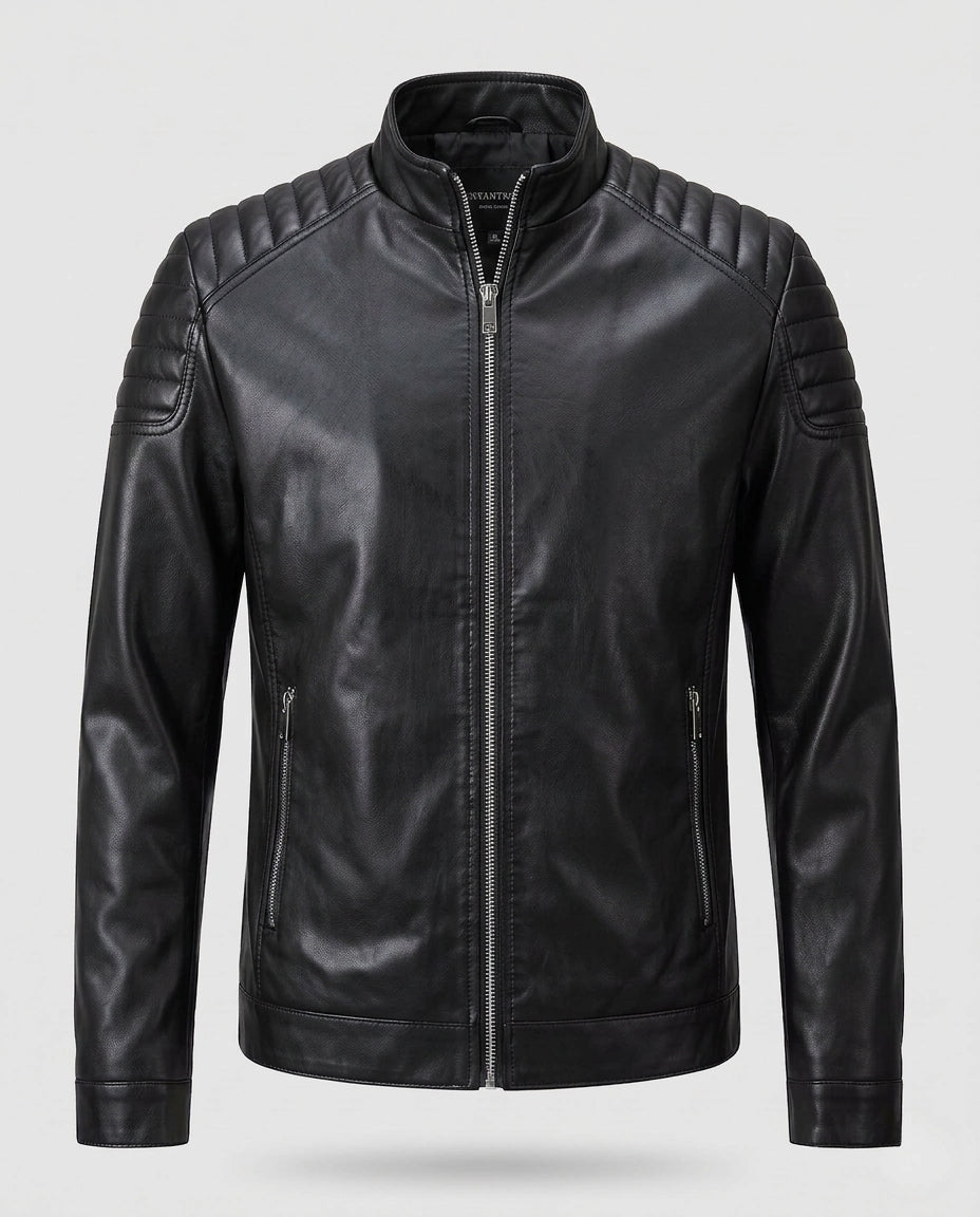 Herren Fitted Lederlook Motorradjacke mit vertikalem Reißverschluss und gepolsterten Schulterpaneelen Nord Taschen