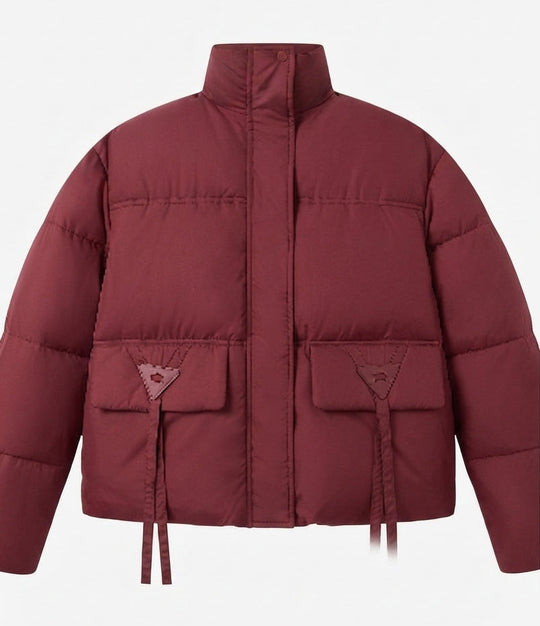 Damen kurz vegane boxy Pufferjacke mit asymmetrischen Klappenpatzentaschen und hohem Kragen