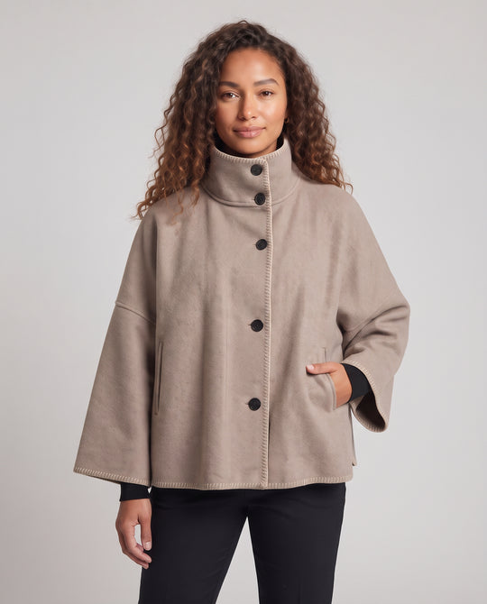 Damen Oversize Wollmix-Cape-Mantel mit hohem Stehkragen, Knopfleiste und Kontrastnaht Nord Taschen