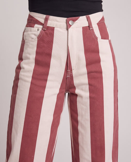 Damen Hochtaillierte Karottenhose mit weitem Bein und breiten Längsstreifen Nord Taschen