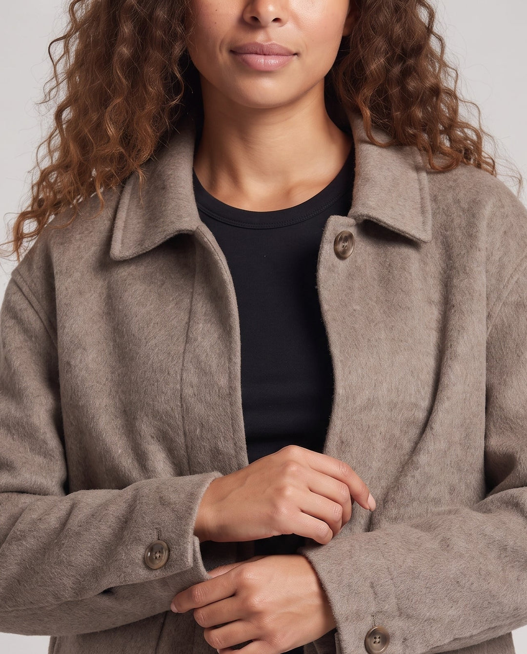 Damen Boxy Wollmix-Kurzmantel mit Klappentaschen und verdeckter Front Nord Taschen