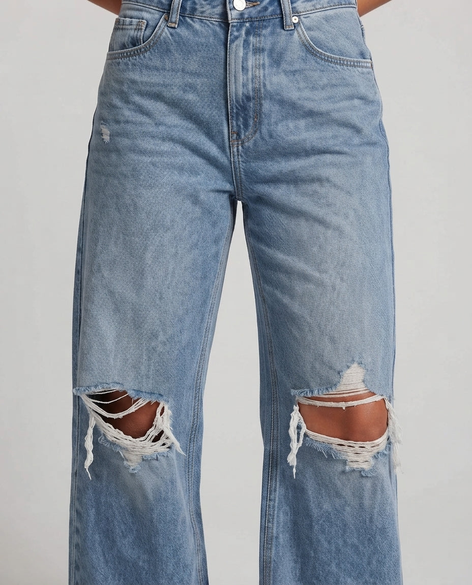 Damen High-Waisted Baggy Jeans im Destroyed Look mit weitem Bein Nord Taschen