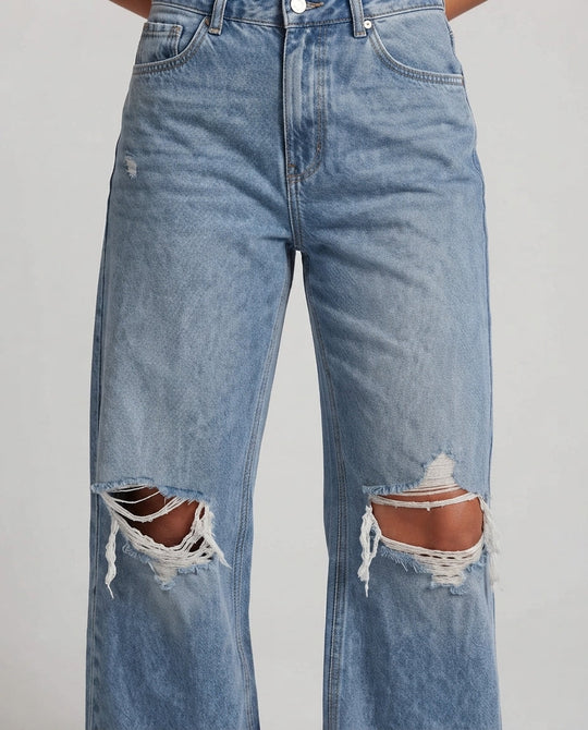 Damen High-Waisted Baggy Jeans im Destroyed Look mit weitem Bein Nord Taschen