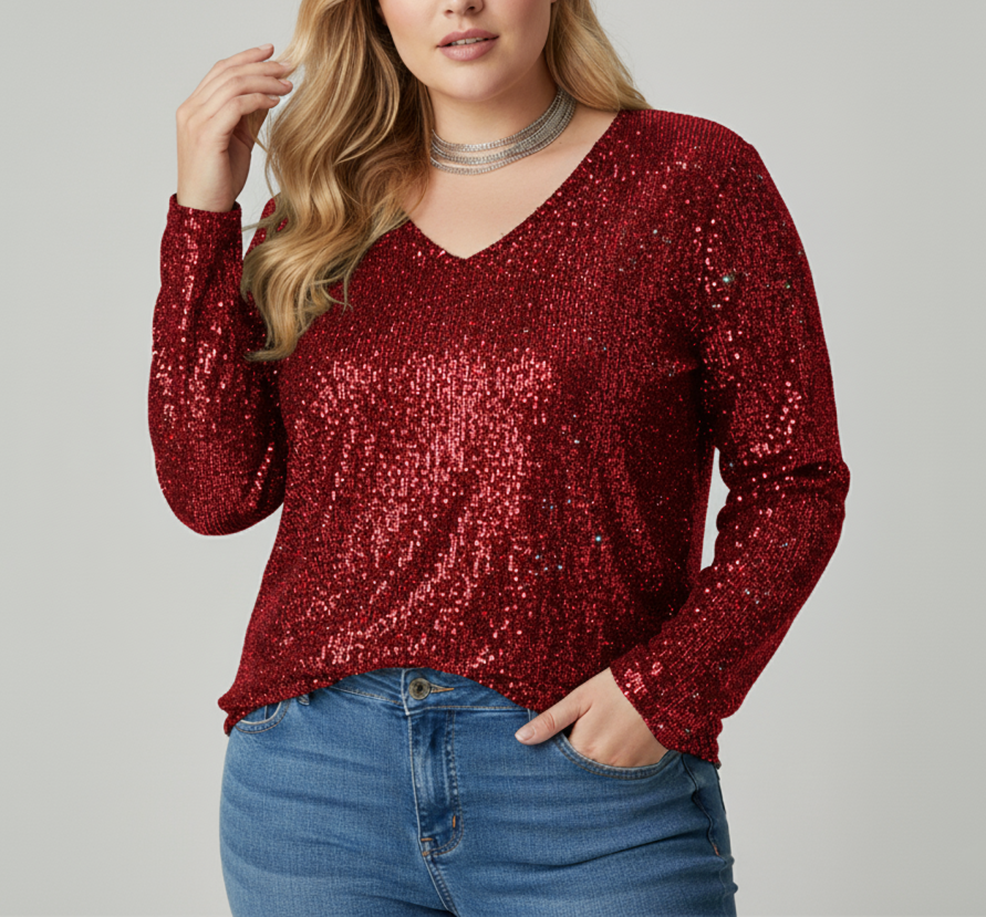Damen Glänzende Top mit Elegantem V-Ausschnitt | Große Größen