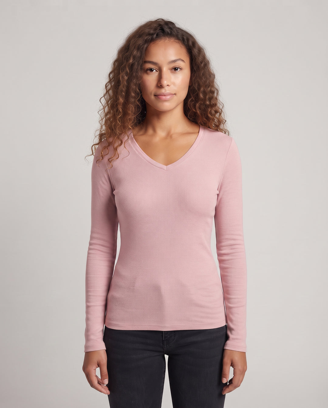 Damen Feiner Rippjersey-Langarmshirt mit schmaler Passform und Rundhalsausschnitt Nord Taschen