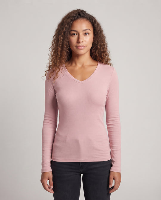 Damen Feiner Rippjersey-Langarmshirt mit schmaler Passform und Rundhalsausschnitt Nord Taschen