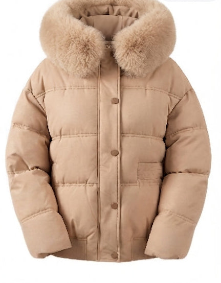 Damen kurze boxy gesteppte Jacke mit abnehmbarem Kunstfellbesatz, hohem Kragen und verdecktem Druckknopf und Reißverschluss