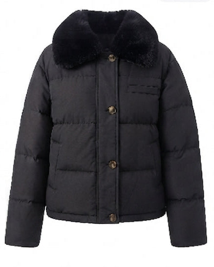 Damen kurze boxy gesteppte Jacke mit abnehmbarem Kunstfellbesatz, hohem Kragen und verdecktem Druckknopf und Reißverschluss