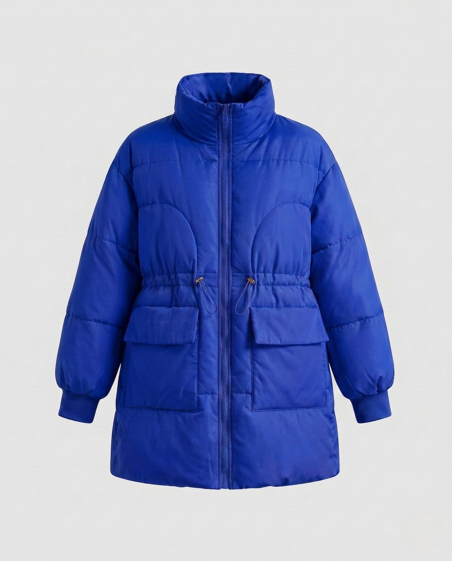 Damen feminine A-Linien gesteppter Parka mit verstellbarem Kordelzug, hohem Stehkragen und großen Klappentaschen