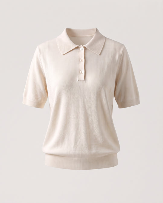 Damen Kurzarm-Feinstrick-Poloshirt aus reiner Merinowolle mit Hemdkragen und leicht taillierter Silhouette Nord Taschen