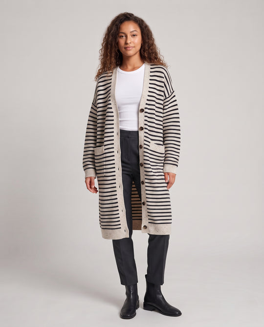 Damen Longline-Strickcardigan mit horizontalem Streifenmuster und aufgesetzten Taschen Nord Taschen