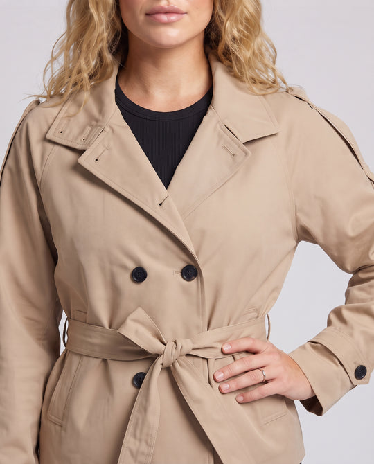 Damen Kurze Trenchjacke mit Stehkragen und Taillengürtel Nord Taschen