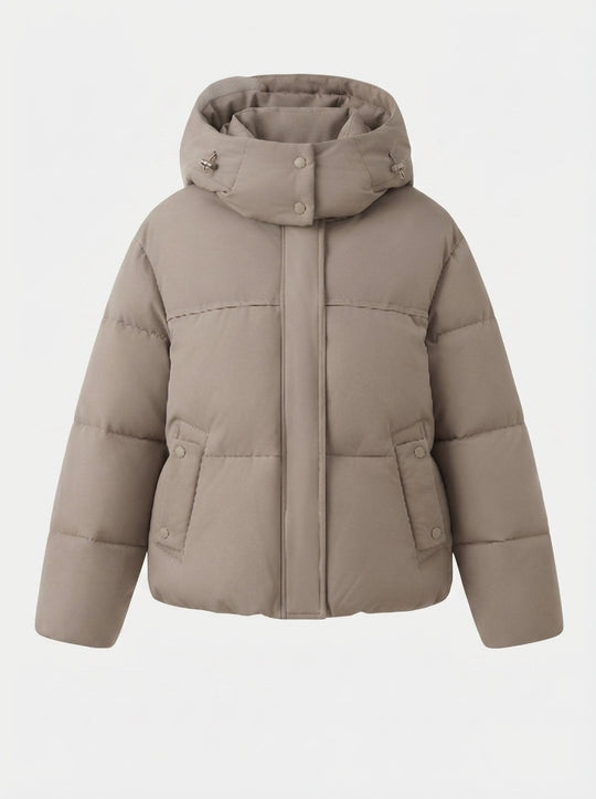 Damen kurze gepolsterte Kapuzenjacke mit abnehmbarem Kapuzenbesatz, hohem Stehkragen und tailliertem Schnitt