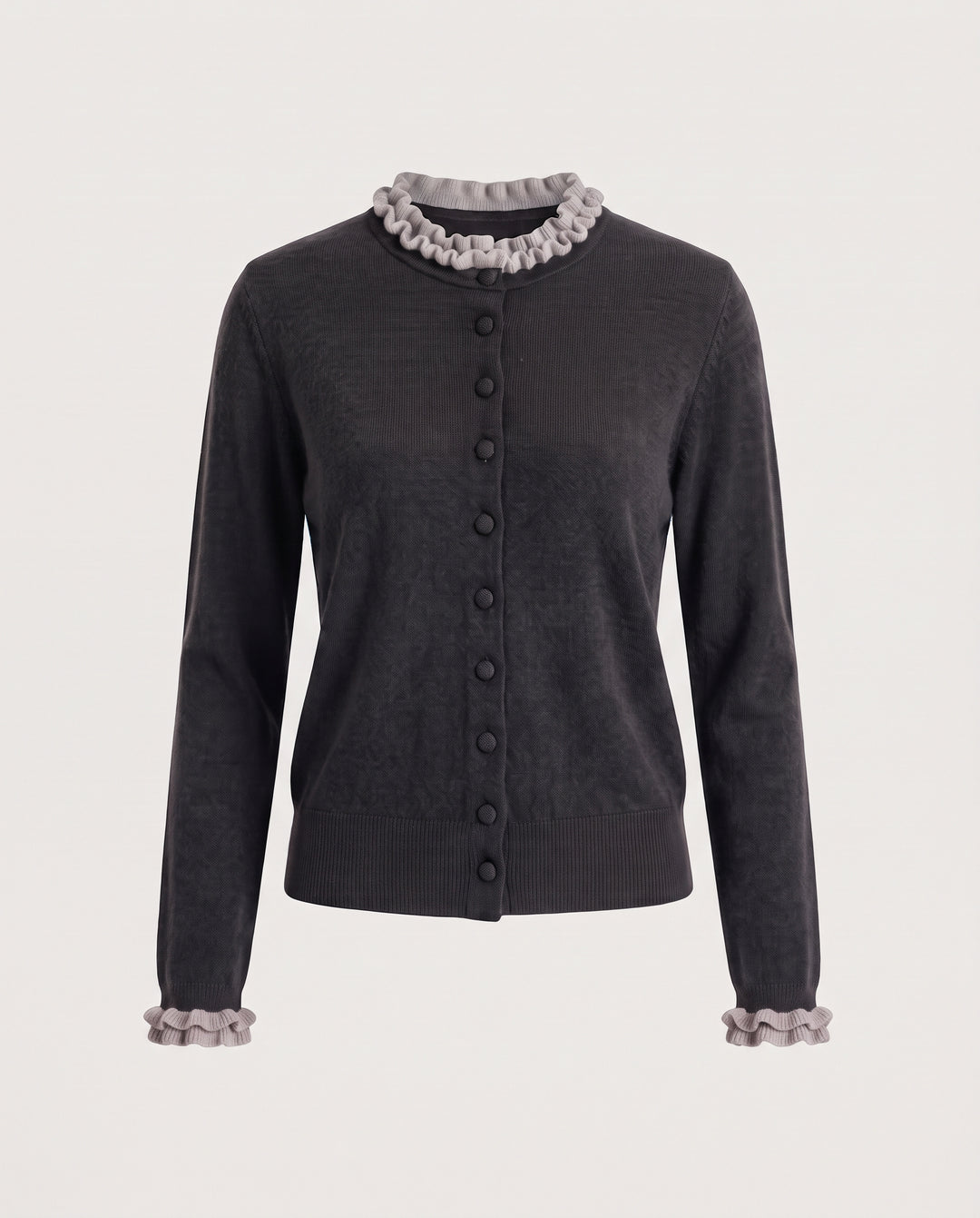 Damen Kurzgeschnittener Feinstrick-Cardigan mit Rüschenkragen und verdeckter Knopfleiste Nord Taschen