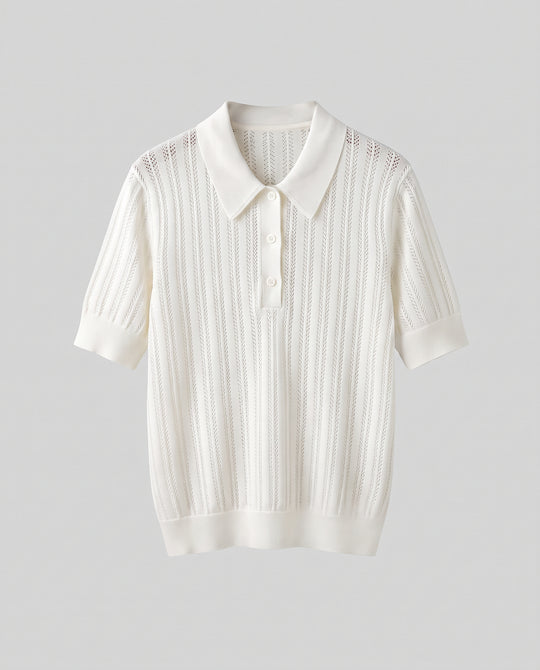 Damen Feines Ajour-Poloshirt aus leichtem Feinstrick mit klassischem Kragen Nord Taschen