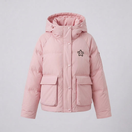 Damen Nan Boxy Pufferjacke mit verdecktem Zwe Wege Front, kontrastierendem Innenpaneel und funktionalen Klappen Taschen