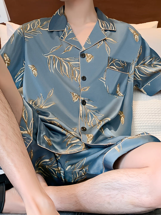 Herren Sommer Eis Seide Pyjama Satz mit Blumen und Blättern Druck