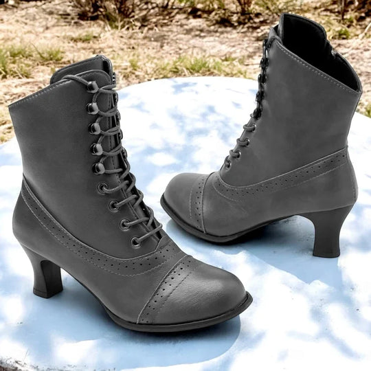Damen Viktorianische Braune Mid-Heel Schnürstiefel mit Reißverschluss - Vittorelli