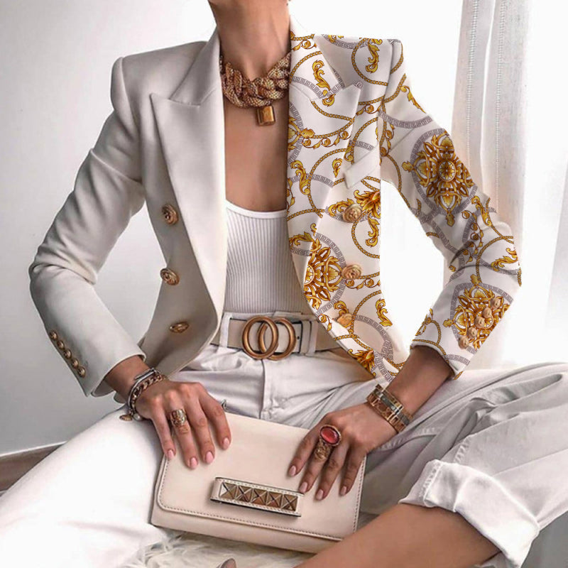 Asymmetrischer Blazer mit aufwändigem Gold- und Kettenmuster perfekt für lässige Tage Avellé