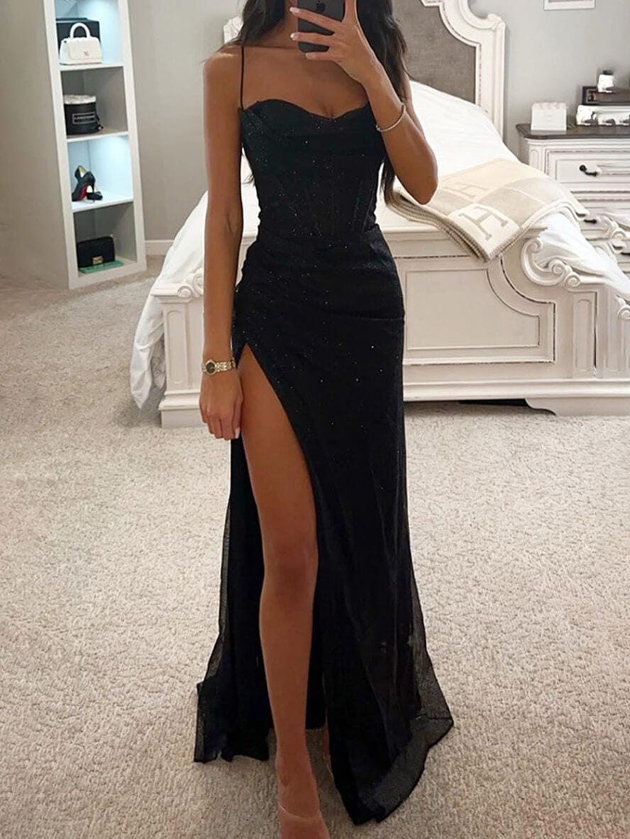 langes, figurbetontes Kleid mit seitlichen Schlitzen, trägerlos, mit dünnen Trägern, ärmellos, elegant, modisch, für den Abend