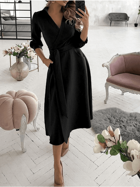 Mittellange Bluse, A-Linien-Kleid, geteilt, fließende Schleifentaschen, V-Ausschnitt, Reverskragen, lange Ärmel, elegante Mode, Party - Vittorelli