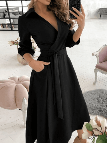 Mittellange Bluse, A-Linien-Kleid, geteilt, fließende Schleifentaschen, V-Ausschnitt, Reverskragen, lange Ärmel, elegante Mode, Party - Vittorelli