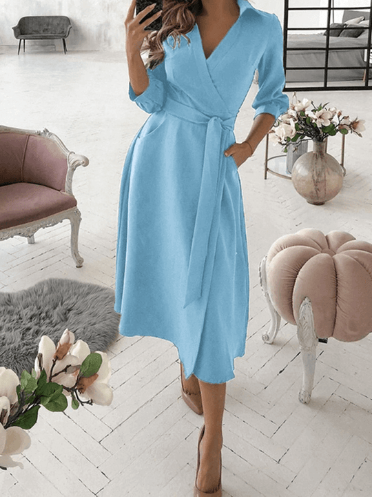 Mittellange Bluse, A-Linien-Kleid, geteilt, fließende Schleifentaschen, V-Ausschnitt, Reverskragen, lange Ärmel, elegante Mode, Party - Vittorelli
