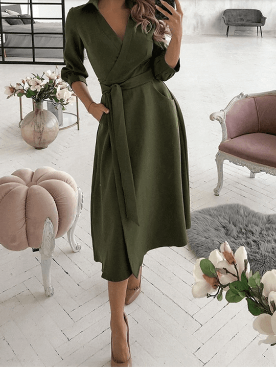 Mittellange Bluse, A-Linien-Kleid, geteilt, fließende Schleifentaschen, V-Ausschnitt, Reverskragen, lange Ärmel, elegante Mode, Party - Vittorelli