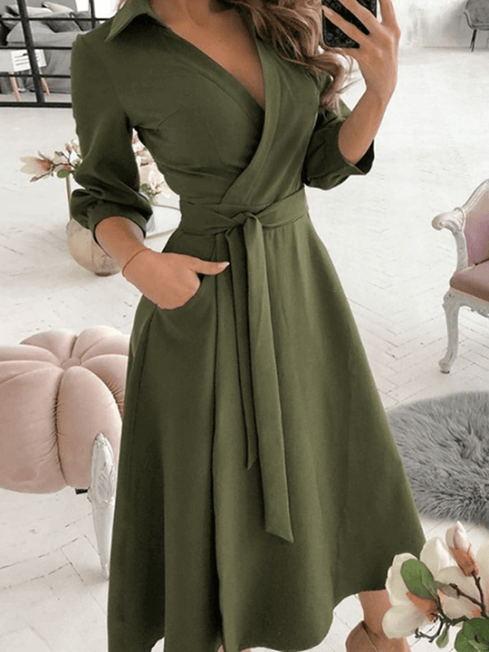 Mittellange Bluse, A-Linien-Kleid, geteilt, fließende Schleifentaschen, V-Ausschnitt, Reverskragen, lange Ärmel, elegante Mode, Party - Vittorelli