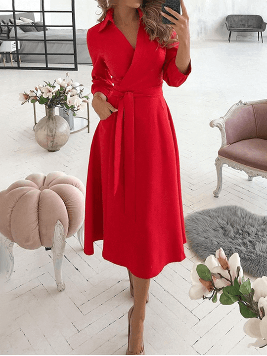 Mittellange Bluse, A-Linien-Kleid, geteilt, fließende Schleifentaschen, V-Ausschnitt, Reverskragen, lange Ärmel, elegante Mode, Party - Vittorelli