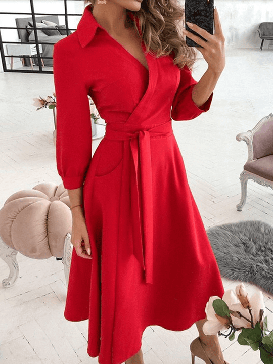 Mittellange Bluse, A-Linien-Kleid, geteilt, fließende Schleifentaschen, V-Ausschnitt, Reverskragen, lange Ärmel, elegante Mode, Party - Vittorelli
