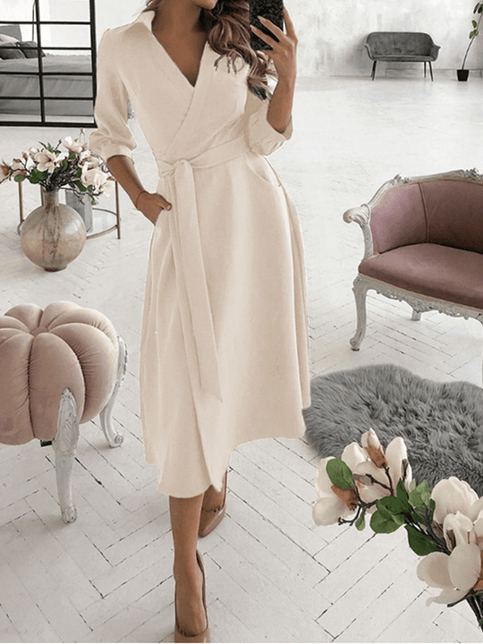 Mittellange Bluse, A-Linien-Kleid, geteilt, fließende Schleifentaschen, V-Ausschnitt, Reverskragen, lange Ärmel, elegante Mode, Party - Vittorelli