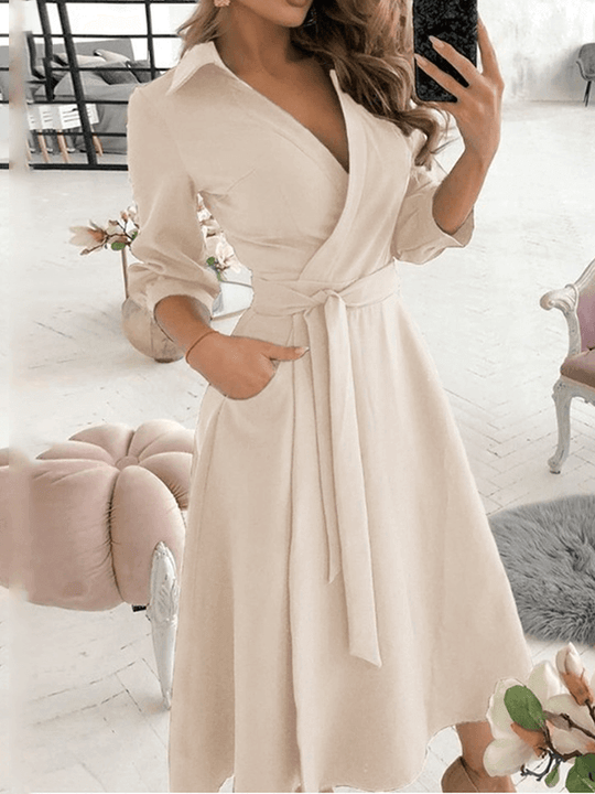 Mittellange Bluse, A-Linien-Kleid, geteilt, fließende Schleifentaschen, V-Ausschnitt, Reverskragen, lange Ärmel, elegante Mode, Party - Vittorelli