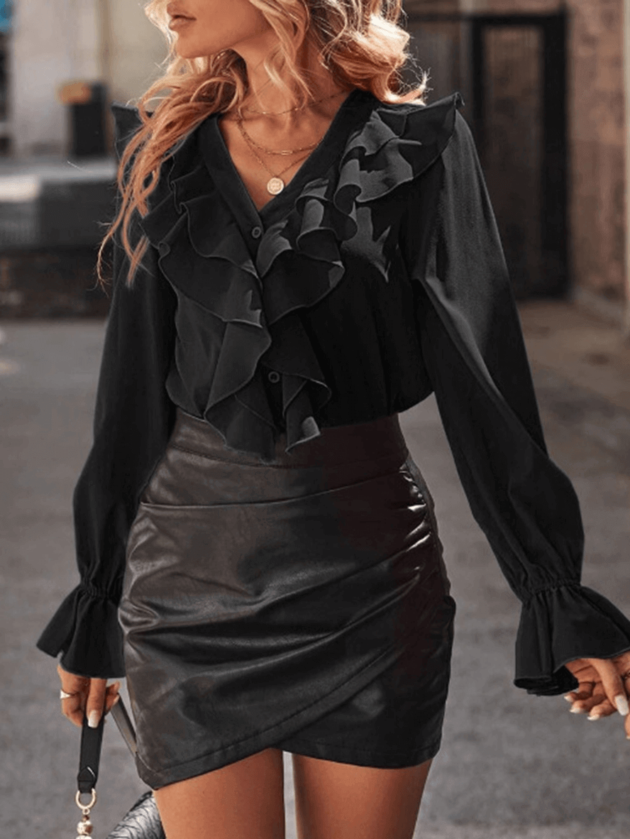 Rüschen-Button-Down-Hemd, V-Ausschnitt, Jabot-Kragen, ausgestellte Ärmel, lange Ärmel, Damen, süße, elegante ModNord Taschenluse