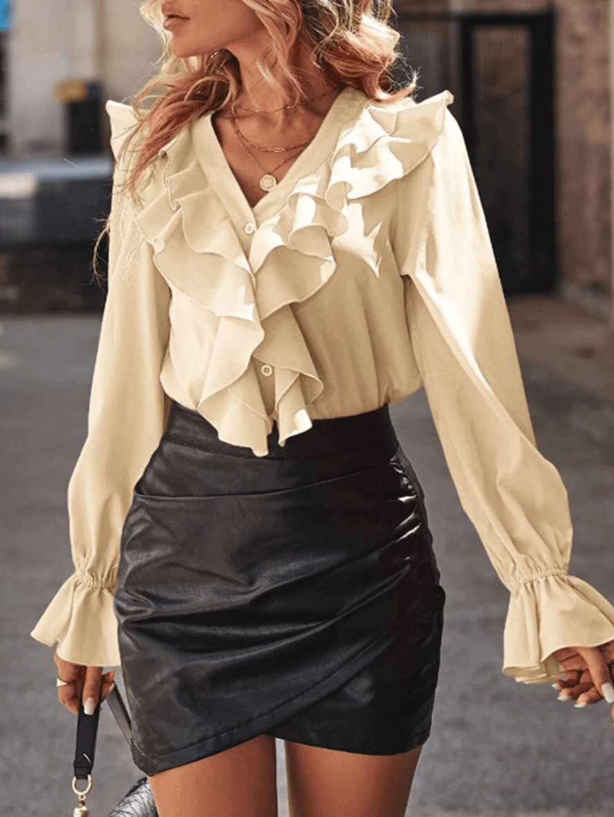 Rüschen-Button-Down-Hemd, V-Ausschnitt, Jabot-Kragen, ausgestellte Ärmel, lange Ärmel, Damen, süße, elegante ModNord Taschenluse