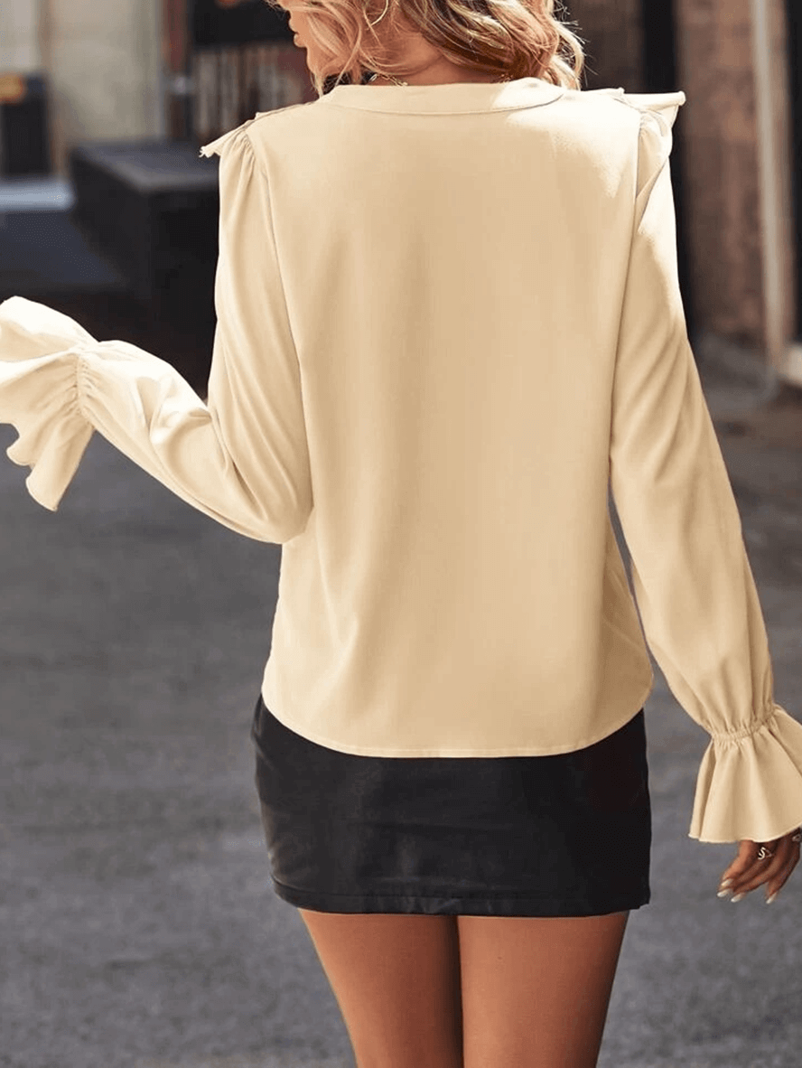 Rüschen-Button-Down-Hemd, V-Ausschnitt, Jabot-Kragen, ausgestellte Ärmel, lange Ärmel, Damen, süße, elegante ModNord Taschenluse