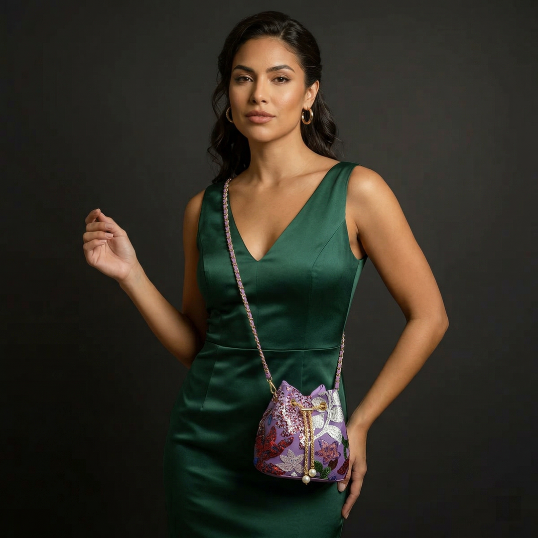 Nord Taschen | Pailletten Blumen gestickte Bucket Bag