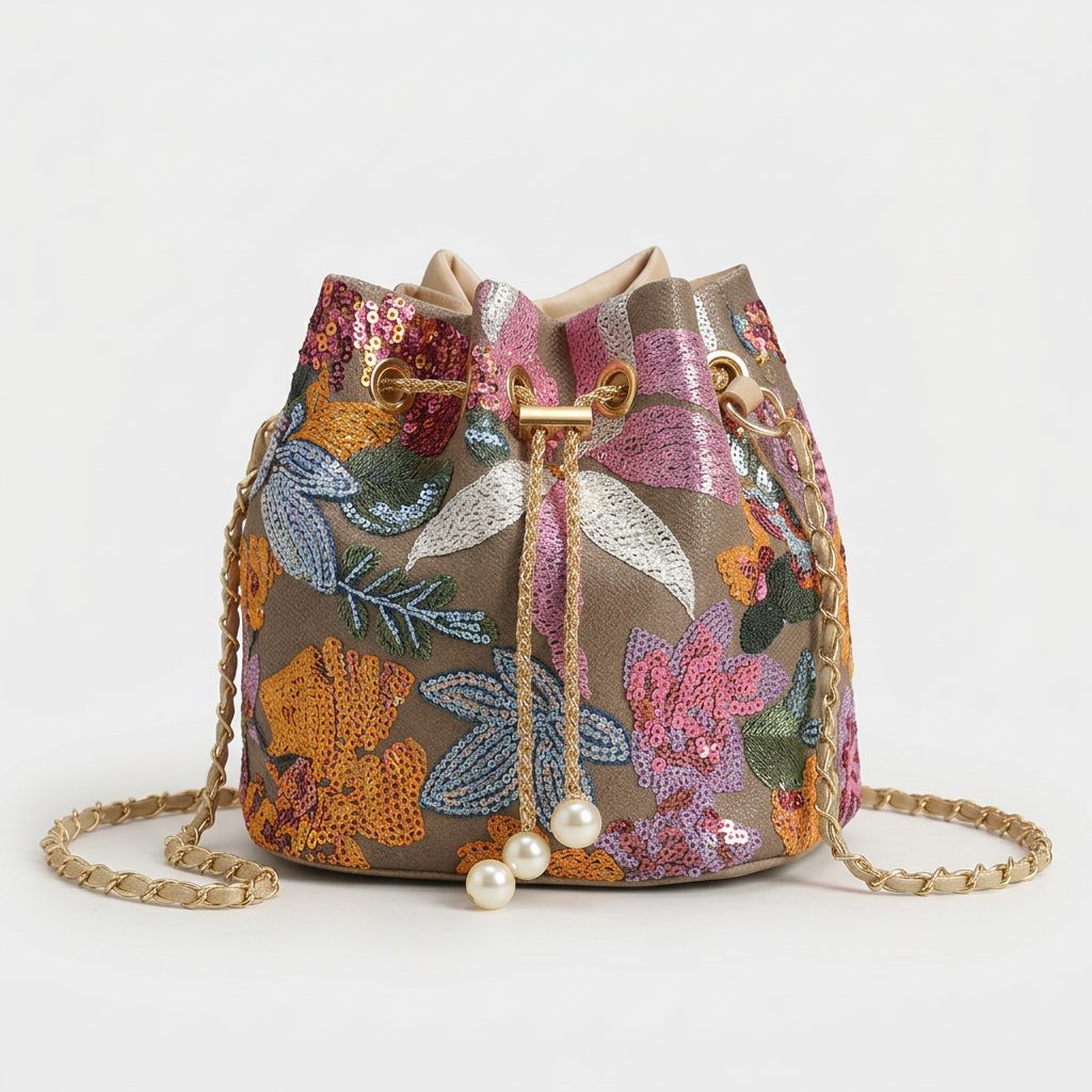 Nord Taschen | Pailletten Blumen gestickte Bucket Bag