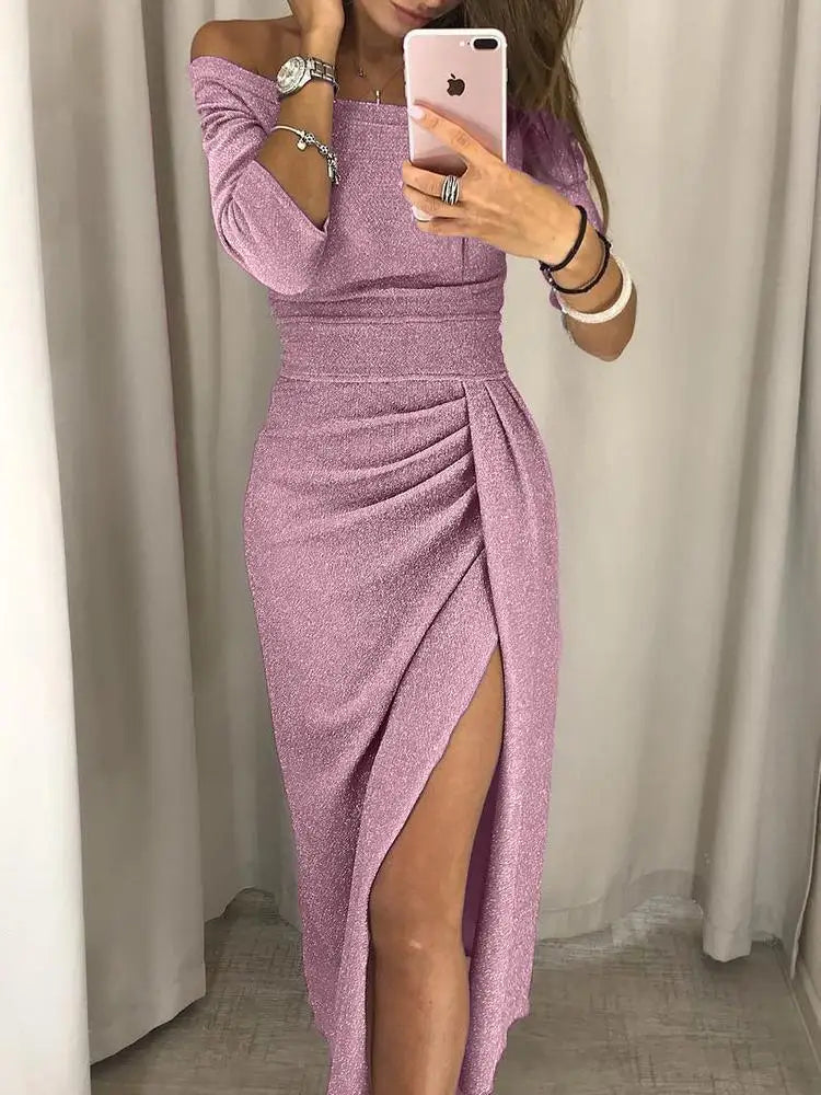 Fudus | Schulterfreies, Gerafftes, Langärmliges Kleid Mit Seitlichem Schlitz