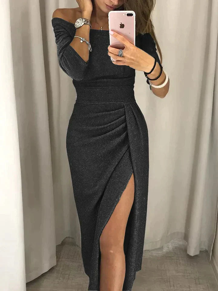 Fudus | Schulterfreies, Gerafftes, Langärmliges Kleid Mit Seitlichem Schlitz
