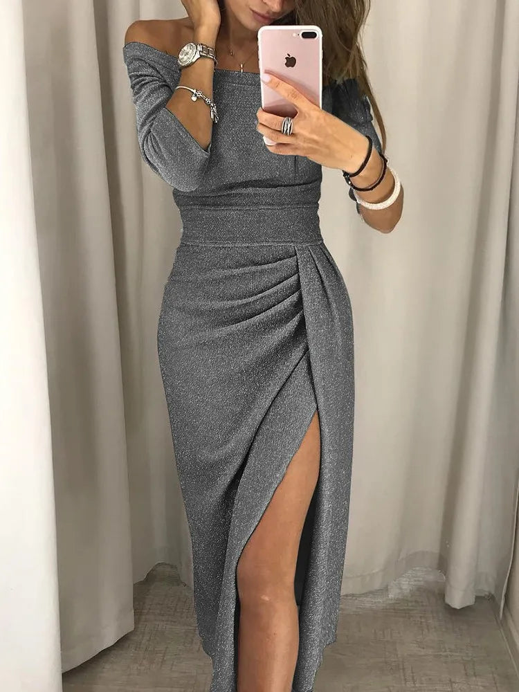 Fudus | Schulterfreies, Gerafftes, Langärmliges Kleid Mit Seitlichem Schlitz