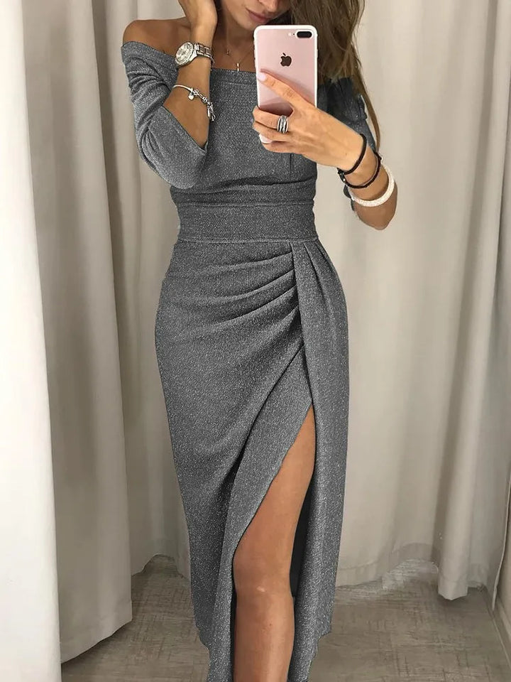 Fudus | Schulterfreies, Gerafftes, Langärmliges Kleid Mit Seitlichem Schlitz