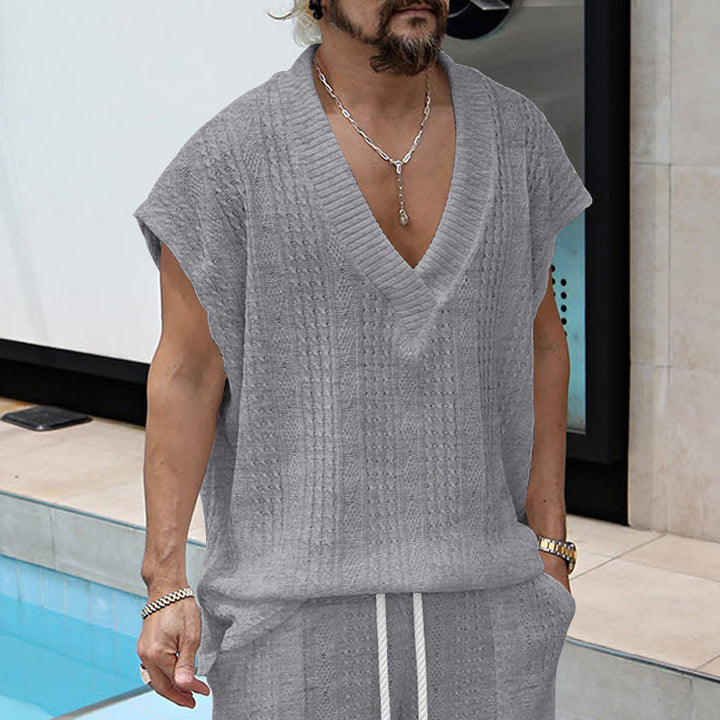 Herren lässiges Strick-T-Shirt mit V-Ausschnitt und oversized Schnitt