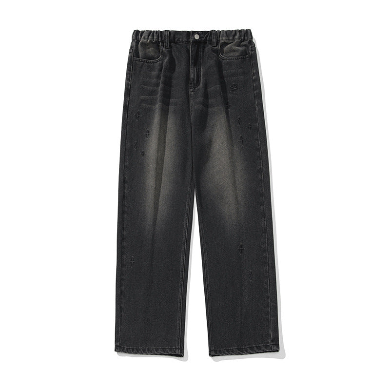 Damen Hochgeschnittene Jeanshose mit gerafftem Bund, Sternstickerei und weitem Bein Nord Taschen