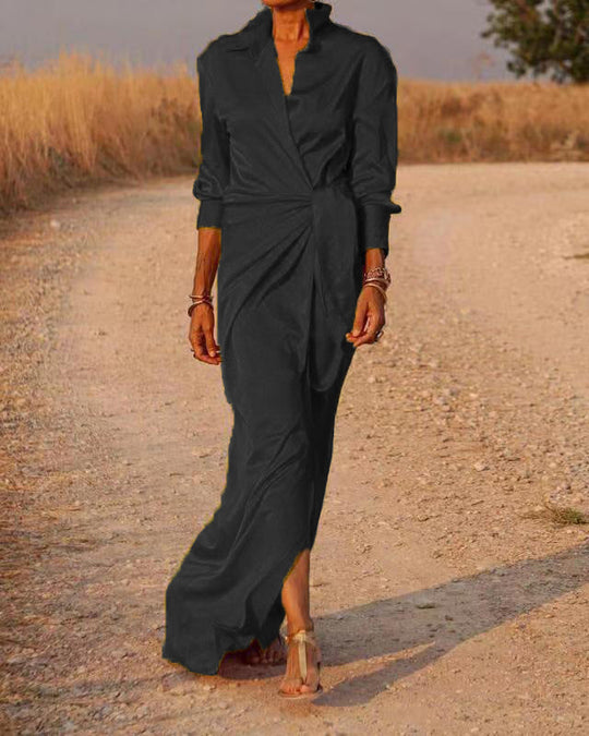 Damen Elegantes Wickel-Maxi-Kleid mit vielseitigem Kragen und seitlichem Schlitz